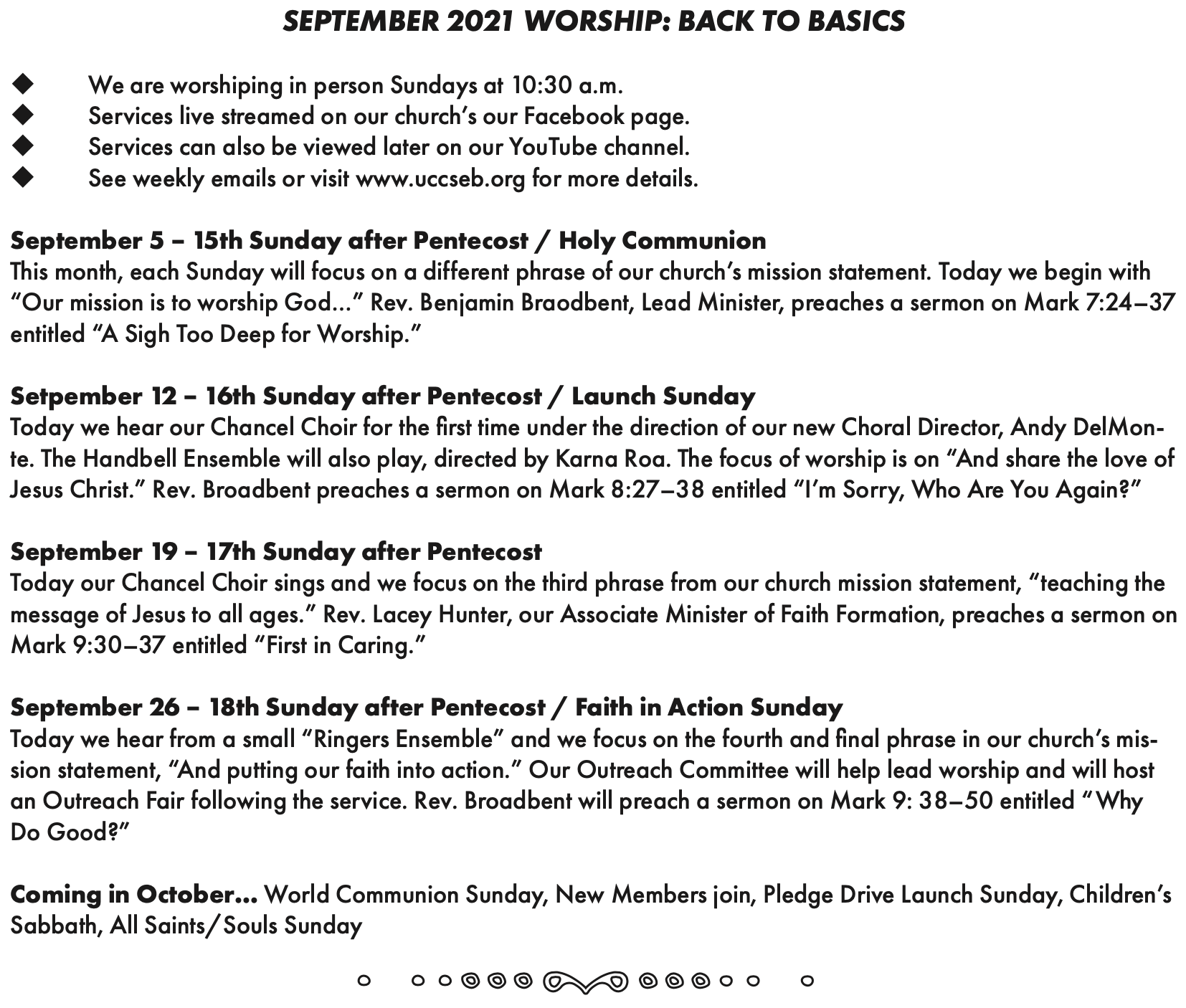 Community Church of Sebastopol Worship Schedule